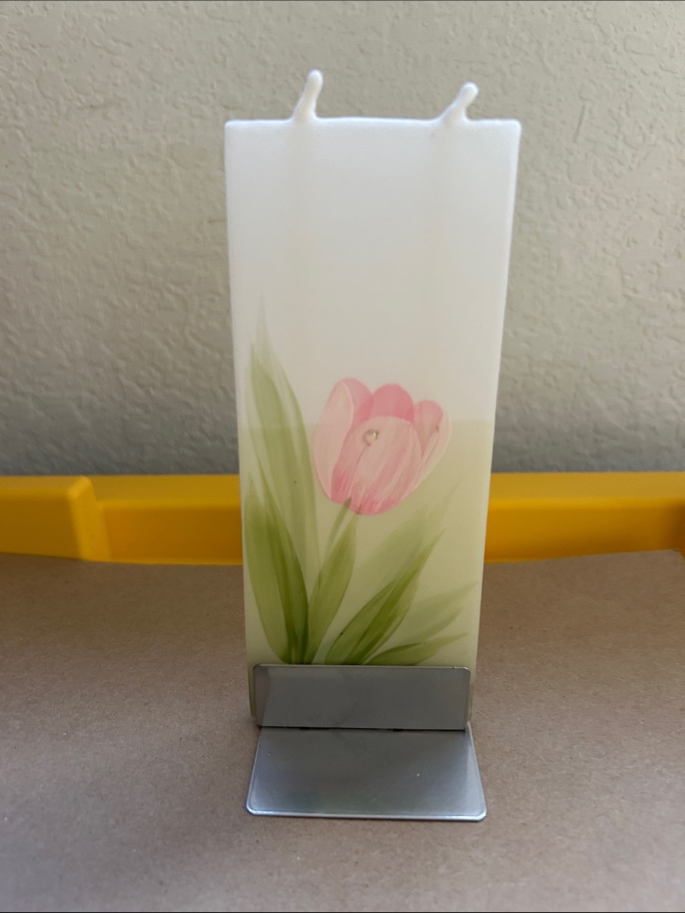 Hand-Painted Pink Tulip Decorative Square Pillar Candle